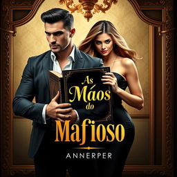 A captivating book cover featuring a muscular, handsome mafia man holding a book titled 'As Mãos do Mafioso', framed by a luxurious background