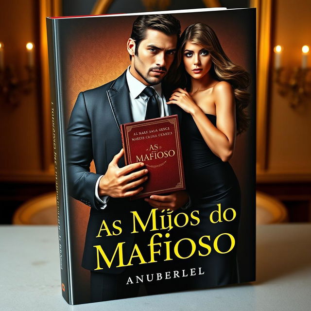 A captivating book cover featuring a muscular, handsome mafia man holding a book titled 'As Mãos do Mafioso', framed by a luxurious background