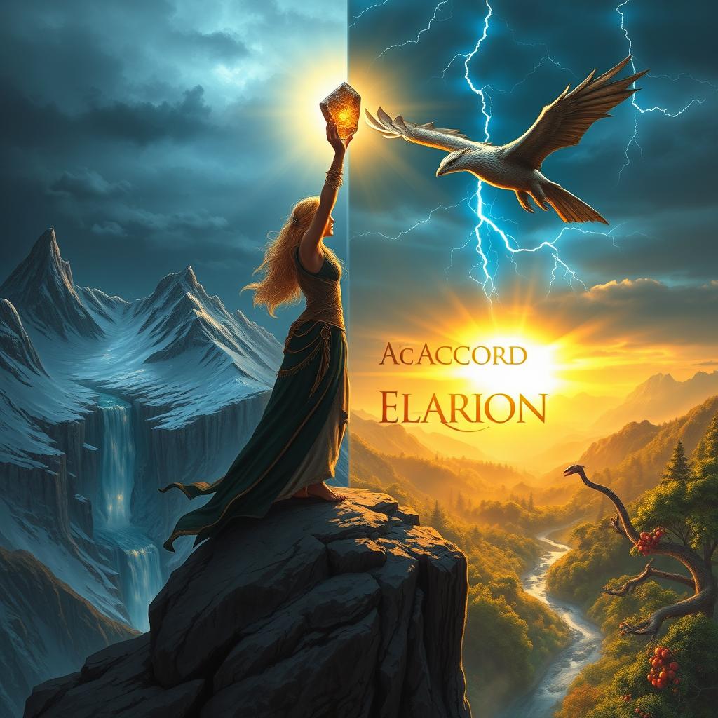 Astrid Kaelson, a strong female figure, stands on the Cliffs of Aurith, overlooking the two kingdoms at the symbolic meeting point of the rival districts