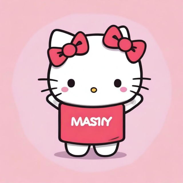 Illustration of the adorable Hello Kitty happily holding up a sign displaying the word 'Maisy'.