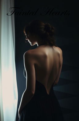 A captivating portrait of a lady with only her back visible, showcasing graceful curves and intricate details of her attire