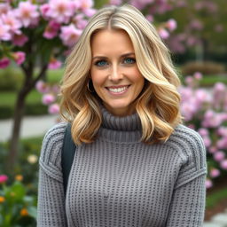 A beautiful European woman aged between 30 to 45, with mid-length blonde hair styled in loose curls