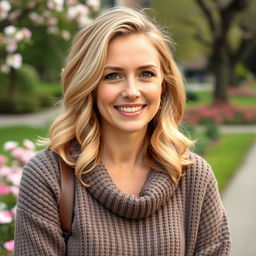 A beautiful European woman aged between 30 to 45, with mid-length blonde hair styled in loose curls