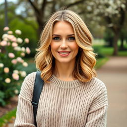 A beautiful European woman aged between 30 to 45, with mid-length blonde hair styled in loose curls