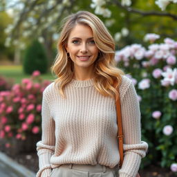A beautiful European woman aged between 30 to 45, with mid-length blonde hair styled in loose curls