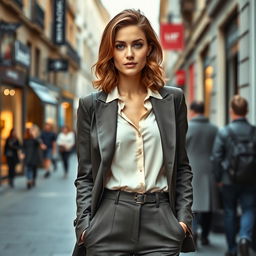 A stylish European woman aged between 30 to 45, showcasing a confident demeanor