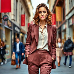 A stylish European woman aged between 30 to 45, showcasing a confident demeanor