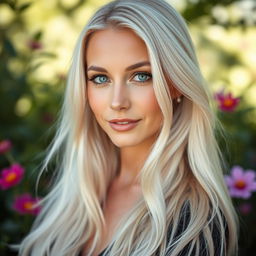 A 35-year-old woman of European descent with long, flowing white hair and captivating blue eyes