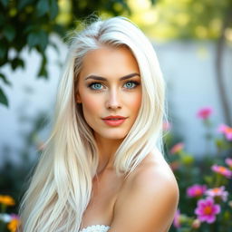 A 35-year-old woman of European descent with long, flowing white hair and captivating blue eyes