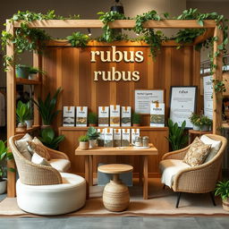A cozy and eco-friendly medium-sized stand setup for a herbal cigarettes brand called rubus, with the name displayed in lowercase