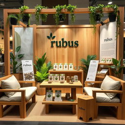 A cozy and eco-friendly medium-sized stand setup for a herbal cigarettes brand called rubus, with the name displayed in lowercase