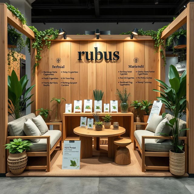 A cozy and eco-friendly medium-sized stand setup for a herbal cigarettes brand called rubus, with the name displayed in lowercase