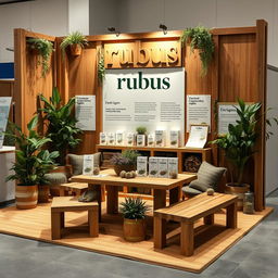 A cozy and eco-friendly medium-sized stand setup for a herbal cigarettes brand called rubus, with the name displayed in lowercase