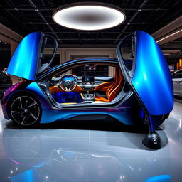 A stunning display of a 2026 BMW i8 M in a modern car showroom, showcasing its sleek and aerodynamic exterior design with vibrant colors reflecting on the polished showroom floor