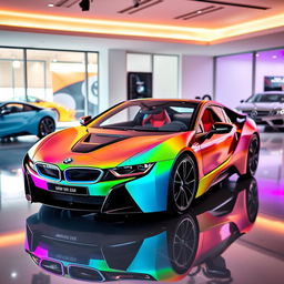 A stunning display of a 2026 BMW i8 M in a modern car showroom, showcasing its sleek and aerodynamic exterior design with vibrant colors reflecting on the polished showroom floor