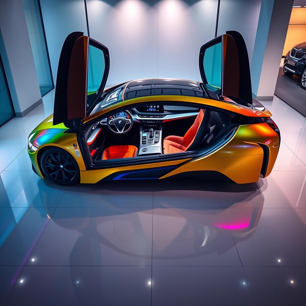 A stunning display of a 2026 BMW i8 M in a modern car showroom, showcasing its sleek and aerodynamic exterior design with vibrant colors reflecting on the polished showroom floor