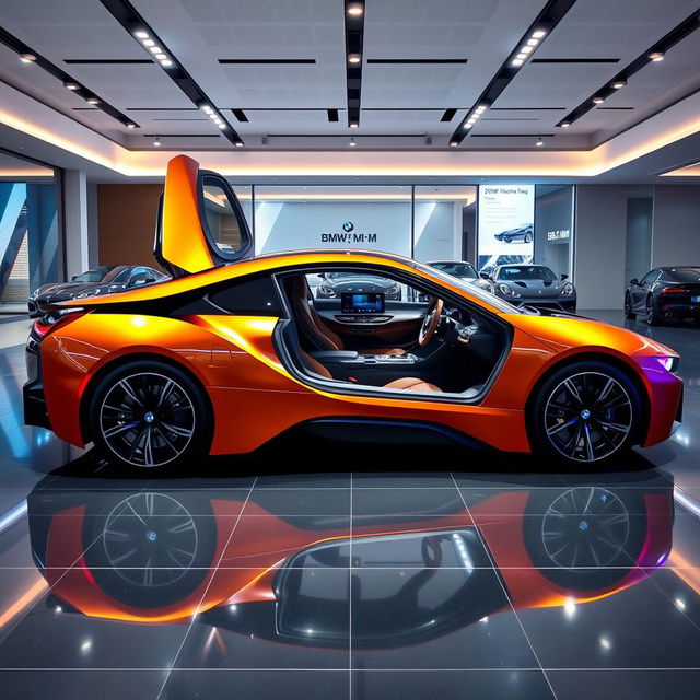 A stunning display of a 2026 BMW i8 M in a modern car showroom, showcasing its sleek and aerodynamic exterior design with vibrant colors reflecting on the polished showroom floor