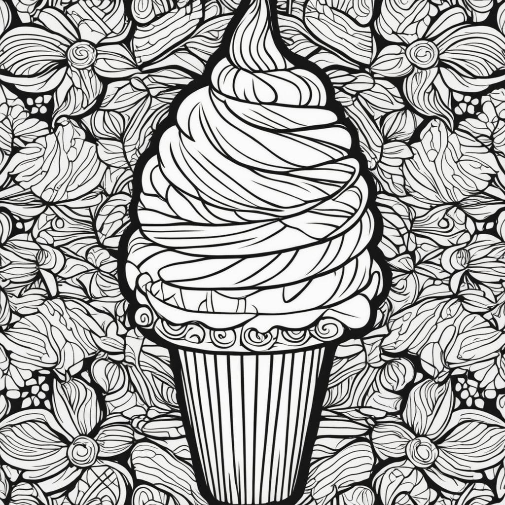 Black and white colouring book page featuring a simple ice cream cone.