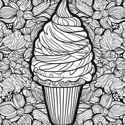 Black and white colouring book page featuring a simple ice cream cone.