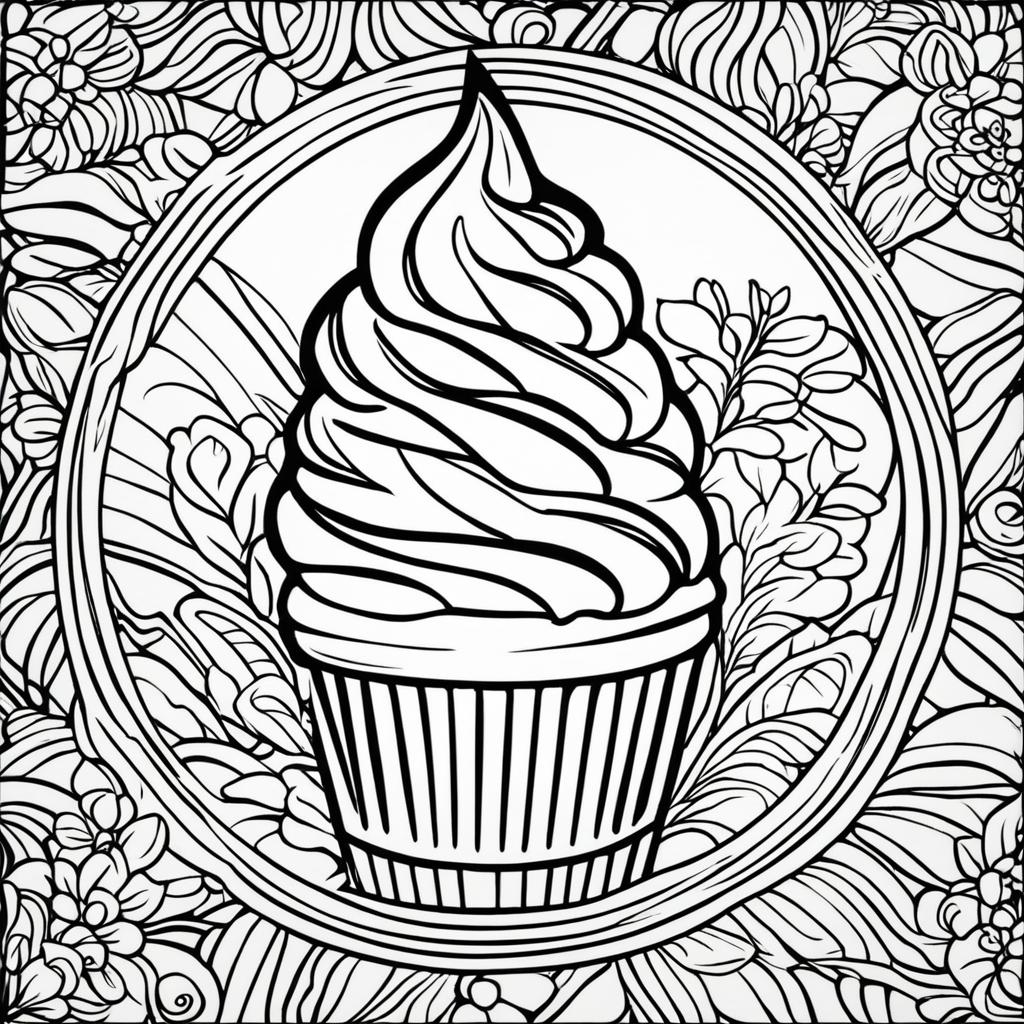 Black and white colouring book page featuring a simple ice cream cone.