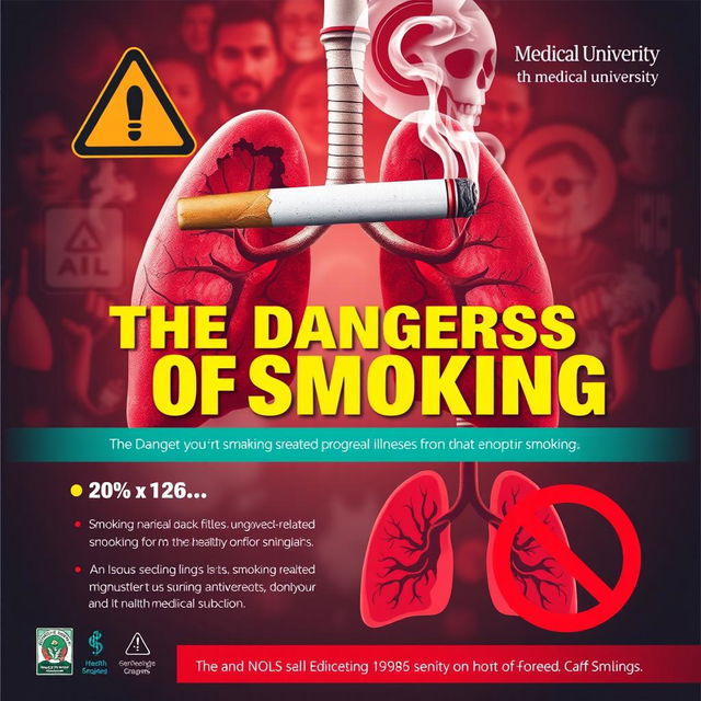 A vibrant and informative poster for a medical university, prominently displaying the title 'The Dangers of Smoking'