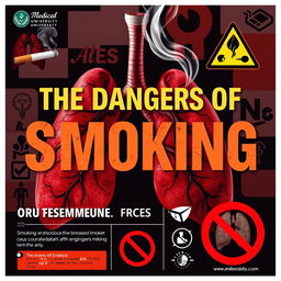 A vibrant and informative poster for a medical university, prominently displaying the title 'The Dangers of Smoking'