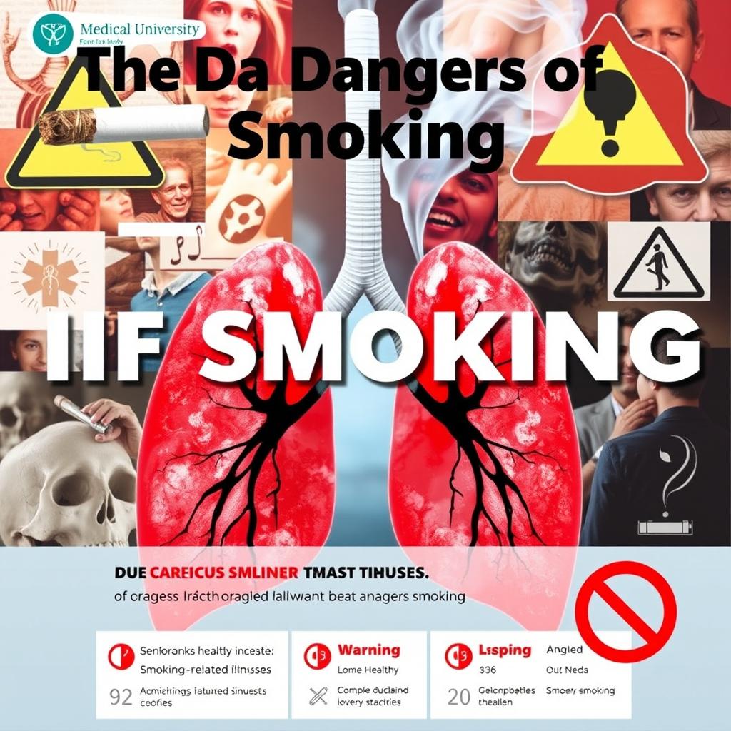 A vibrant and informative poster for a medical university, prominently displaying the title 'The Dangers of Smoking'