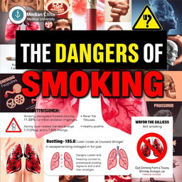 A vibrant and informative poster for a medical university, prominently displaying the title 'The Dangers of Smoking'