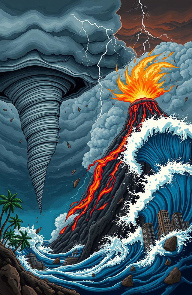 A vivid illustration showcasing various natural disasters occurring simultaneously