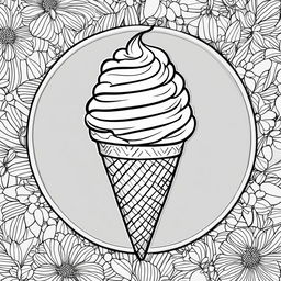 Black and white colouring book page featuring a simple ice cream cone.