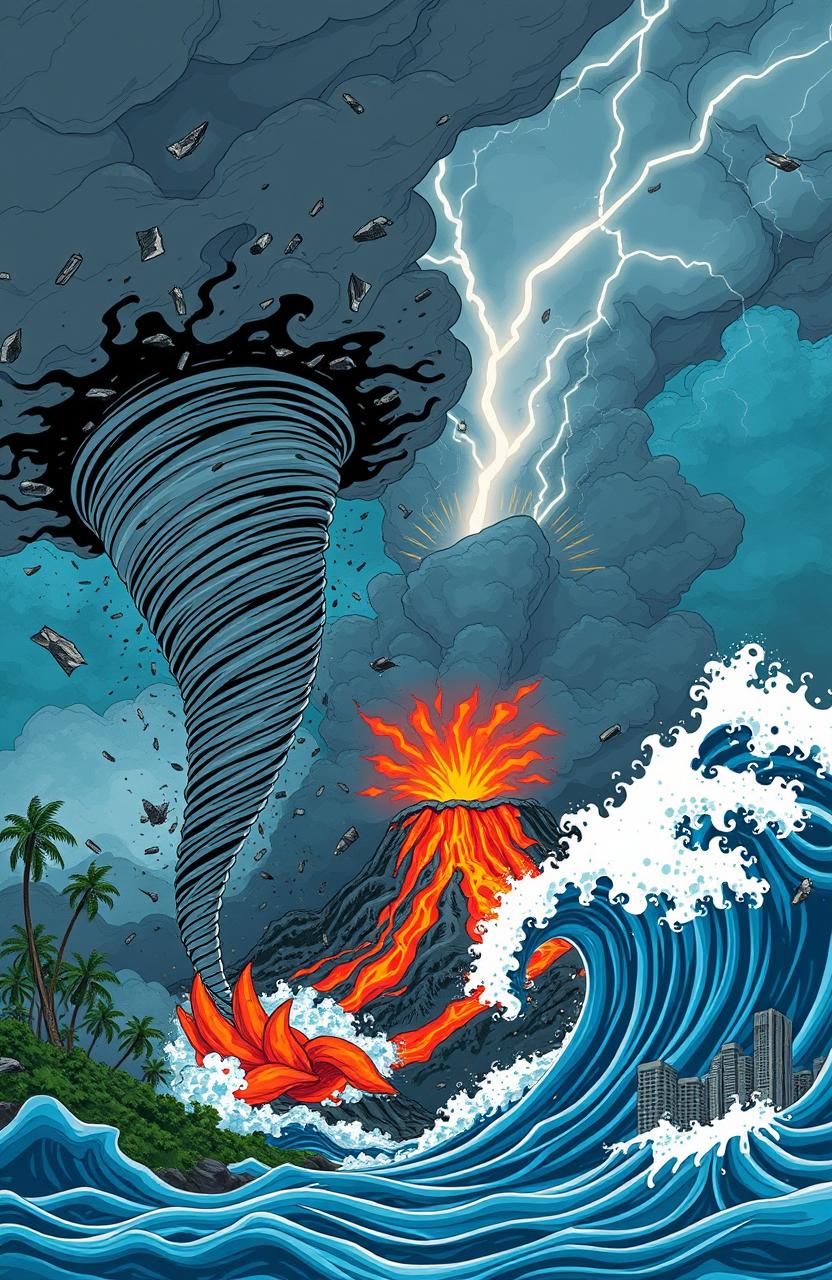 A vivid illustration showcasing various natural disasters occurring simultaneously