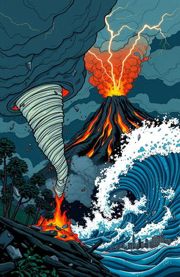 A vivid illustration showcasing various natural disasters occurring simultaneously