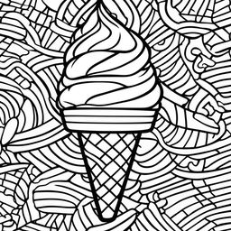 Black and white colouring book page featuring a simple ice cream cone.