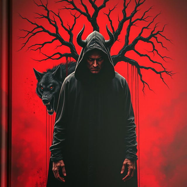 A captivating book cover featuring a central devil figure shrouded in a dark hooded cloak, concealing its face