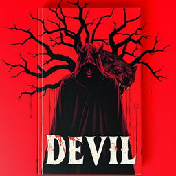A captivating book cover featuring a central devil figure shrouded in a dark hooded cloak, concealing its face