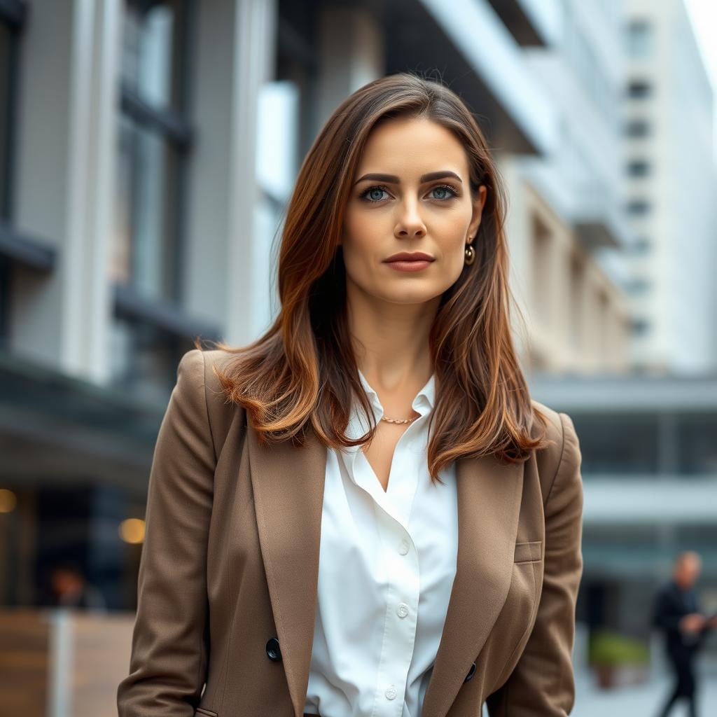 A European woman aged between 30 to 45, with shoulder-length brown hair and striking blue eyes