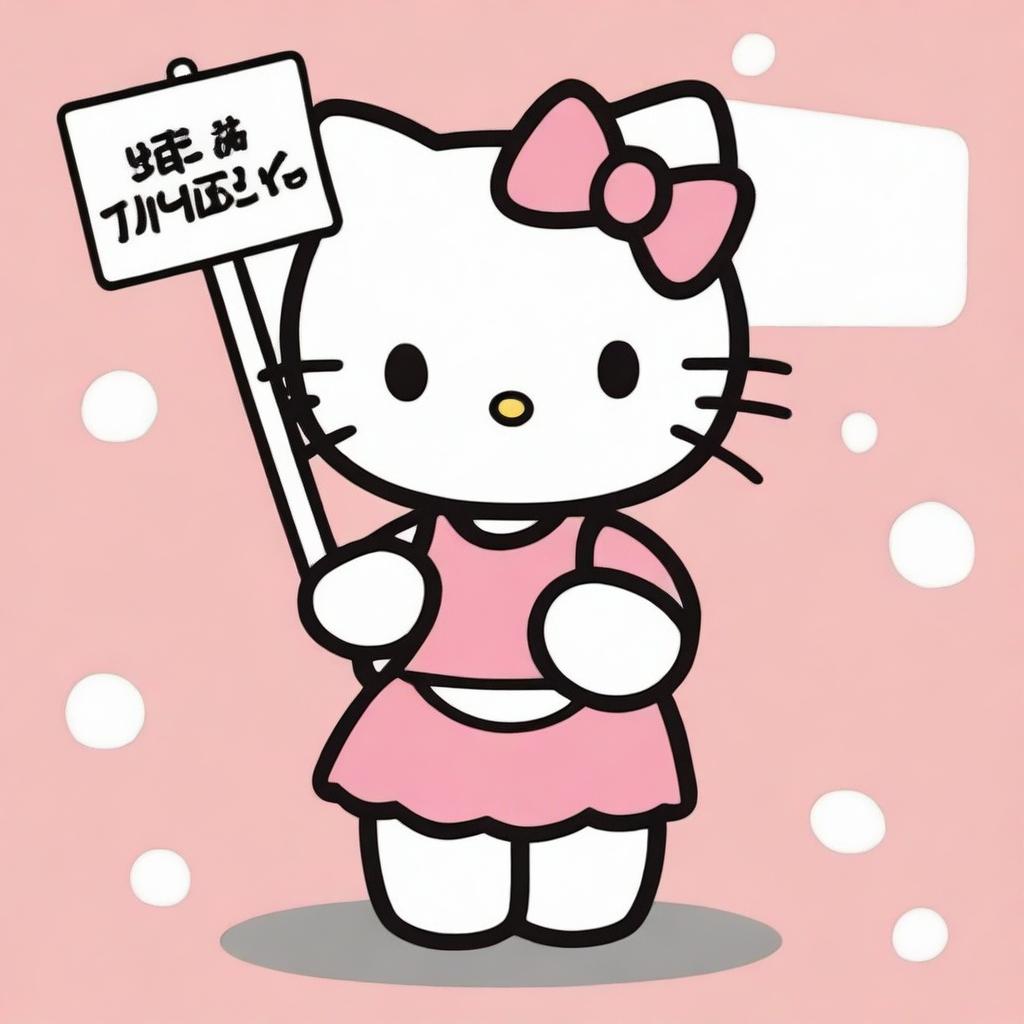 An adorable depiction of Hello Kitty, smiling while she holds a sign that reads 'Maisy'