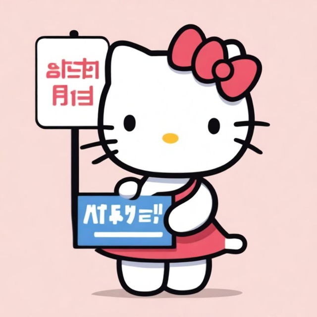 An adorable depiction of Hello Kitty, smiling while she holds a sign that reads 'Maisy'