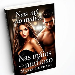 A seductive book cover titled 'Nas mãos do mafioso', featuring a beautiful young woman, Maria Eufrasio, who is 18 years old, with long, flowing hair, exuding a sense of fragility and allure