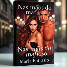 A seductive book cover titled 'Nas mãos do mafioso', featuring a beautiful young woman, Maria Eufrasio, who is 18 years old, with long, flowing hair, exuding a sense of fragility and allure