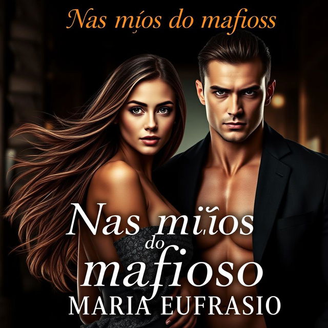 A seductive book cover titled 'Nas mãos do mafioso', featuring a beautiful young woman, Maria Eufrasio, who is 18 years old, with long, flowing hair, exuding a sense of fragility and allure