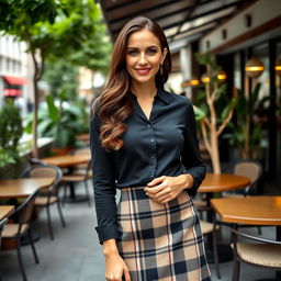 A sophisticated European woman aged 30 to 45 with long, dark brown hair styled in soft waves