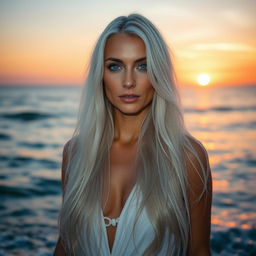 A 35-year-old woman of European descent with long, flowing white hair and beautiful blue eyes