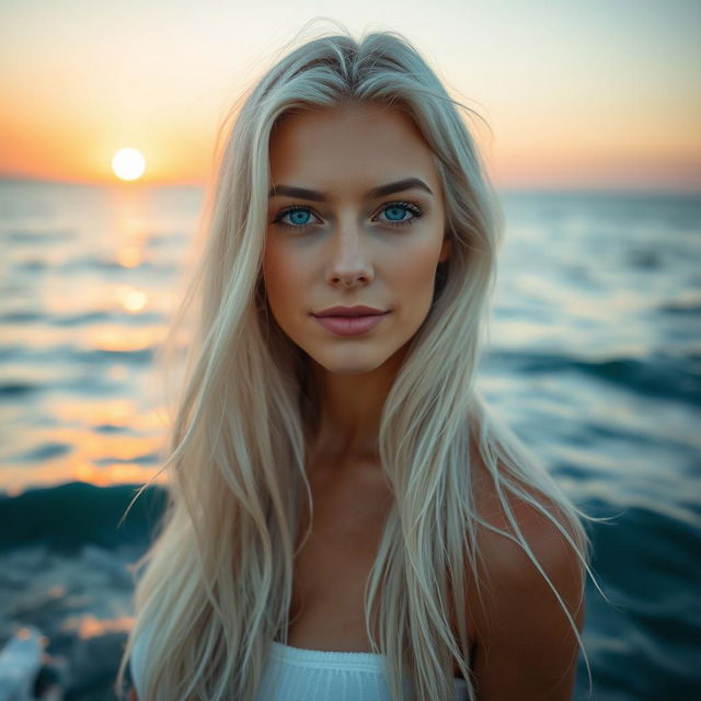 A 35-year-old woman of European descent with long, flowing white hair and beautiful blue eyes