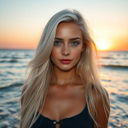 A 35-year-old woman of European descent with long, flowing white hair and beautiful blue eyes