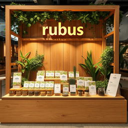 A cozy and eco-friendly medium-sized stand setup for a herbal cigarettes brand called rubus, with the brand name 'rubus' displayed in lowercase in a warm, organic font