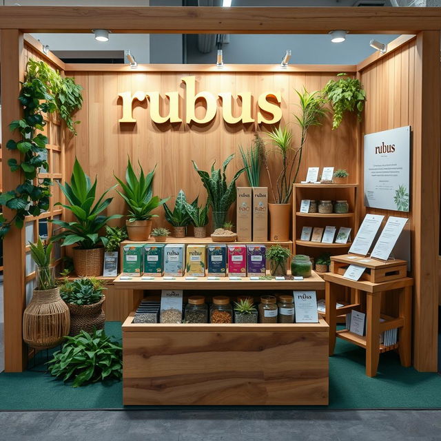 A cozy and eco-friendly medium-sized stand setup for a herbal cigarettes brand called rubus, with the brand name 'rubus' displayed in lowercase in a warm, organic font