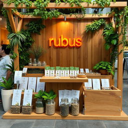 A cozy and eco-friendly medium-sized stand setup for a herbal cigarettes brand called rubus, with the brand name 'rubus' displayed in lowercase in a warm, organic font