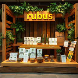 A cozy and eco-friendly medium-sized stand setup for a herbal cigarettes brand called rubus, with the brand name 'rubus' displayed in lowercase in a warm, organic font