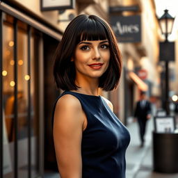 A European woman aged 30 to 45 with sleek dark hair styled in a modern bob